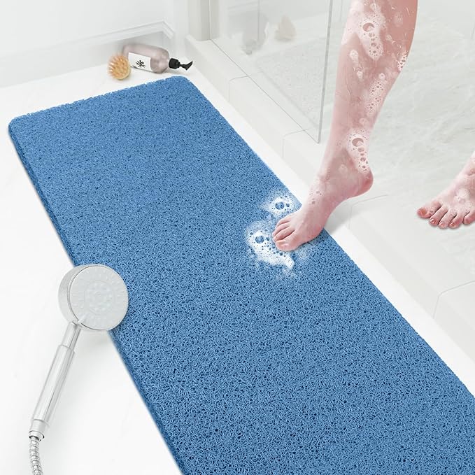 Shower Mat Bathtub Mat Non-Slip,47x16 inch, Soft Tub Mat with Drain,PVC Loofah Bath Mat (Phthalate Free) for Tub and Bathroom,Lake Blue
