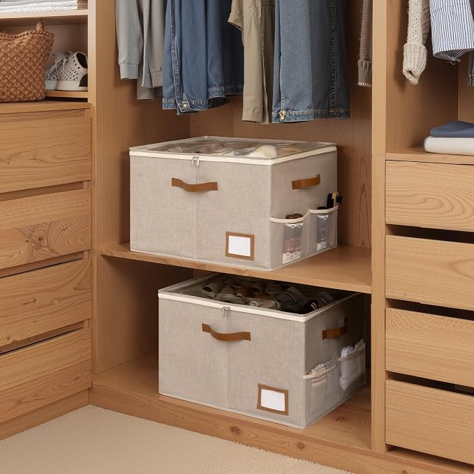 StorageWorks Shoe Organizer for Closet, 2 Pack Shoe Storage Boxes with Clear Lid, Stackable Shoe Storage Organizer for Sandals and Slippers, Fabric Shoe Bins for Closet, Holds 16–32 Pairs, Taupe