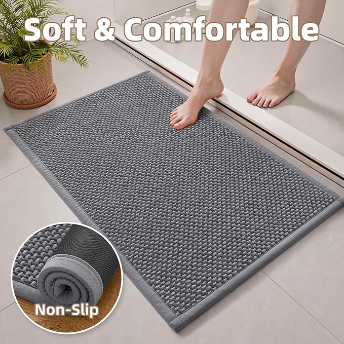 PADOOR-Bath Mat-Super Absorbent Chenille Bathroom Mats-Rubber Backed Bath Mats for Bathroom Non Slip, Easy Clean Bathroom Rugs Front of Bathtub,Shower Room,Sink-17×35, Grey&Darkgrey