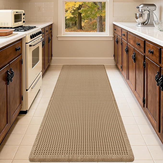 Waffle Bath Mat, Boho Woven Modern Bath Rug Absorbent Non Slip, Ultra Soft Bathroom Mat, Machine Washable Knit Bath Rugs with Bath Letter for Bathroom, Bedroom, Kitchen, Shower, 32"x20", Beige & White