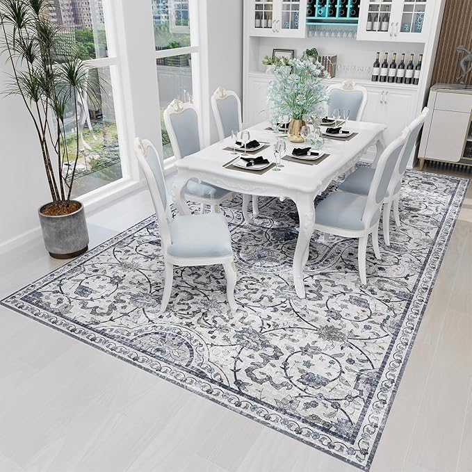 SALLOUS Floor Mat for Home, 5' x 7' Waterproof Area Rug for Living Room, Vinyl Area Rug for Bedroom, Slip Resistant Hard Floor Protector Mat for Kitchen, Bathroom, Entryway (Grayish Blue Bohemian)