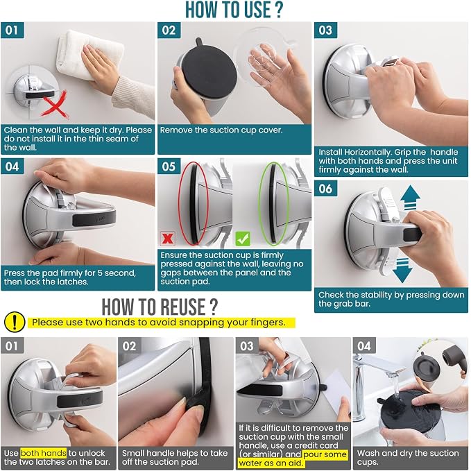 TAILI Grab Bars for Bathtubs and Showers,2 Pack Shower Handles for Elderly Suction,Shower Bar with Upgraded Rubber Suction Cups,Safety Grip for Senior, No Drilling Removable Waterproof, Black