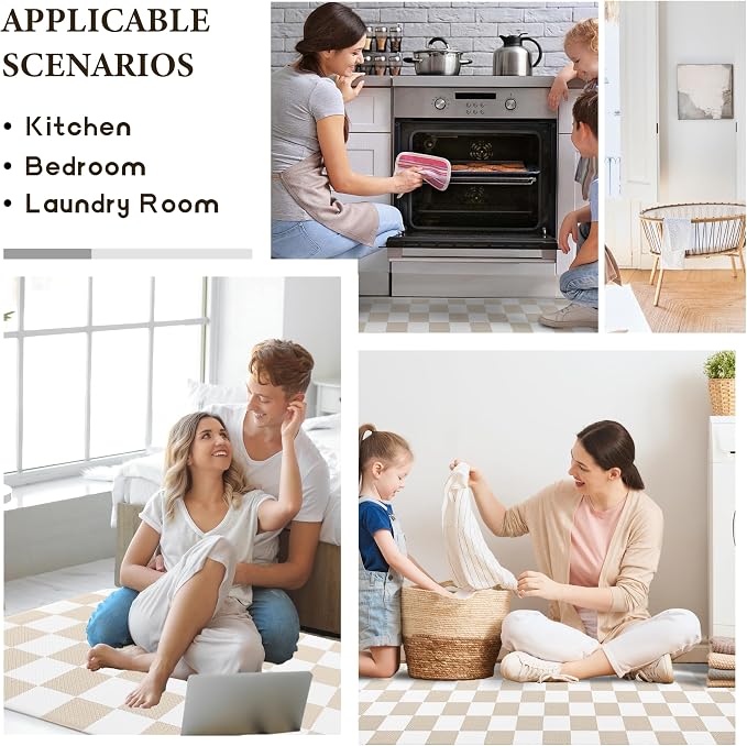 Cream Checkered Grid Checkerboard Kitchen Rug Sets [2 PCs], Anti-Fatigue, Waterproof Non-Slip Kitchen Mats Heavy Duty Ergonomic Comfort Foam Rug for Floor, Home, Laundry,17"x29"+17"x47"
