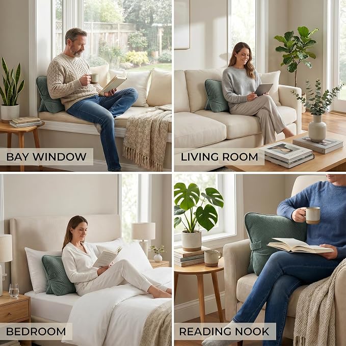 Pat. Pend. Corduroy Lumbar Support Pillow for Sitting and Posture Support, Triangle Cushion for Bed, Sofa or Couch, Reading Back Pillow with Removable Washable Cover, Peacock Blue