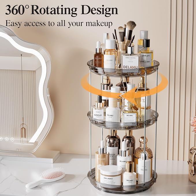 Delamu 3 Tier Rotating Makeup Organizer for Vanity, Skincare Organizer for Bathroom Counter, Spinning Perfume Organizer Cosmetic Holder with Large Capacity, Grey