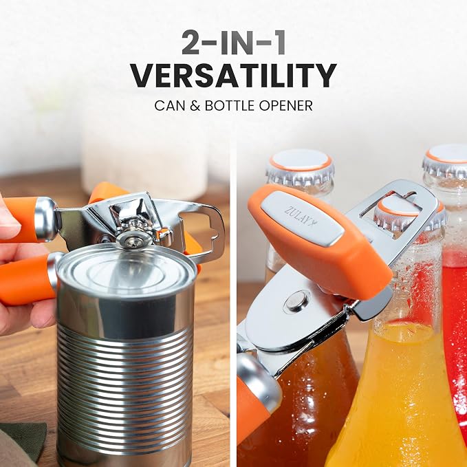 Zulay Kitchen Heavy Duty Stainless Steel Can Opener Manual with Bottle Opener - Rust Proof Manual Can Opener With Turn Knob & Comfy Soft Grip Handles - Orange