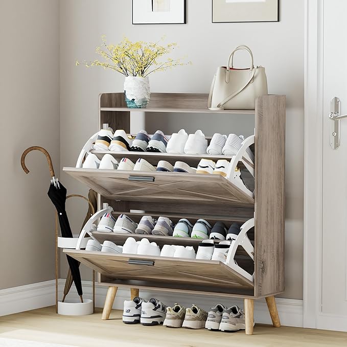Homleke 32" W Farmhouse Shoe Storage Cabinet with 2 Flip Drawers and Barn Door Design, Adjustable Shelves, Modern Hidden Slim Narrow Shoe Rack Cabinet for Entryway, Foyer, Hallway, Living Room, Greige