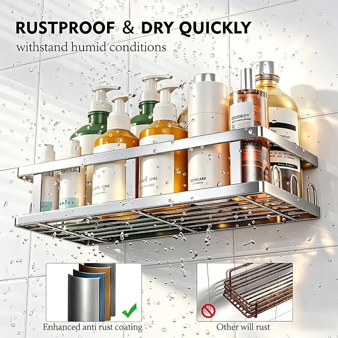 Youvip Shower Caddy 6 Pack, Adhesive Shower Shelves with Soap Holder, No Drilling Rustproof Large Capacity Bathroom Organizers and Storage, Silver