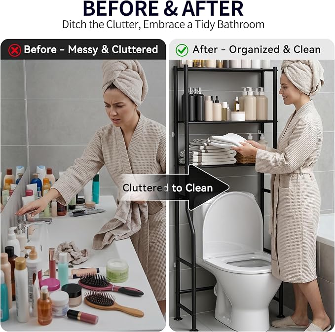 3-Tier Over The Toilet Storage, Freestanding Metal Bathroom Shelves, Space Saver Above The Over Toilet Storage Shelf for Bathroom (Black)