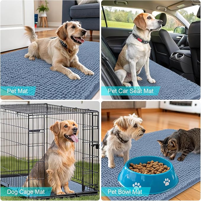 OLANLY Dog Door Mat for Muddy Paws 50x30, Absorbs Moisture and Dirt, Absorbent Non-Slip Washable Doormat, Quick Dry Chenille Mud Mat for Dogs, Entry Indoor Entryway Carpet for Inside Floor, Airy Blue