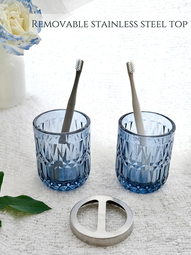 LaMarriti Blue Bathroom Accessories Set, 5Pcs Clear Glass Bathroom Accessories, Hand Soap Dispenser, Soap Dish, Toothbrush Holder Set, Qtips Holder for Crystal Vintage Bath Countertop Decor, Gift Set
