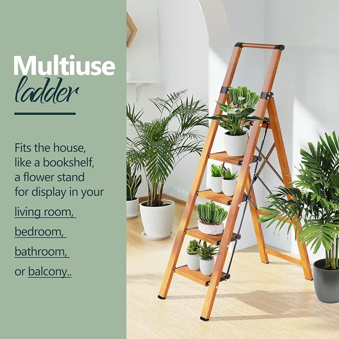 WOA WOA 5 Step Ladder, Ladders for Home, Anti-Slip Pedals, Aluminum Step Stool Foldable, Lightweight to Move, Ease of Storage, Reach 10ft for Closet Kitchen Library, Hold 300lbs - Wood Grain