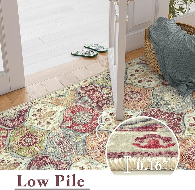 Lahome Moroccan Trellis Hallway Rug, 2x5 Washable Runner Rug Non Slip Kitchen Runners for Hallways, Ultra-Thin Vintage Carpet for Bedroom Bathroom Entryway Elise, Orange/Terracotta