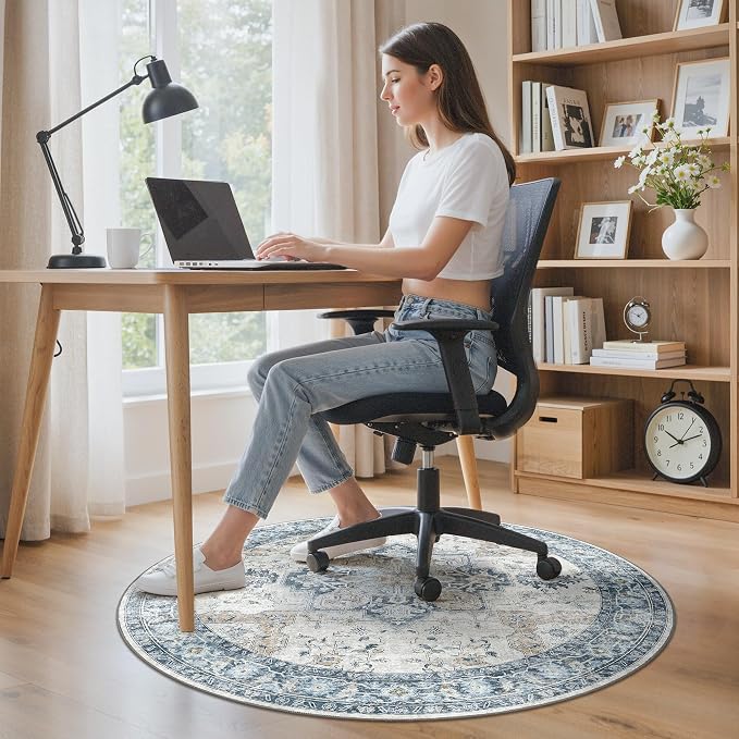 60"x60" Office Chair Mat for Hardwood Tile Floor, Under Desk Carpet Protector for Rolling Computer Chair Mat, Machine Washable Round Area Rug, Anti-Slip 1/5" Thick Low Pile Thin Floor Mat, Blue