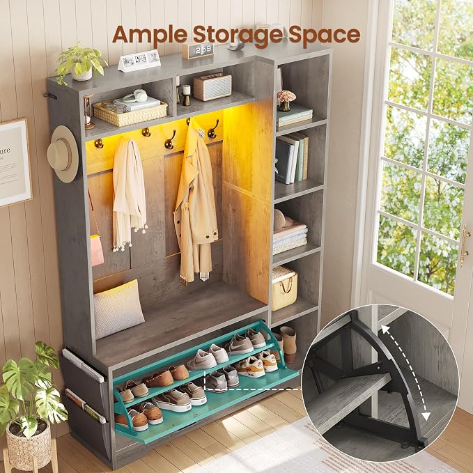Itaar Hall Tree with Bench and Shoe Storage, Farmhouse Entryway Bench with Coat Rack, Shoe Cabinet with Flip Drawers, 7 Shelves, 10 Coat Hooks, Storage Bag, Led Lights, Grey