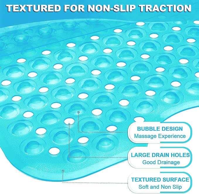 Bathtub and Shower Mats, 40x16 Inch Extra Large Non Slip Soft Bath Tub Mat with Suction Cups and Drain Holes for Bathroom Floor and Keep Tubs Clean, Machine Washable, Clear Turquoise