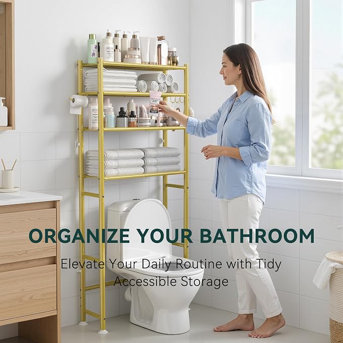GloTika 4-Tier Over The Toilet Storage, 200lb Total Capacity Metal Bathroom Organizer with 36" Clearance, Includes Paper Holder & 4 Hooks, Space Saving Rack for Bathroom Laundry Room (64" H, Gold)