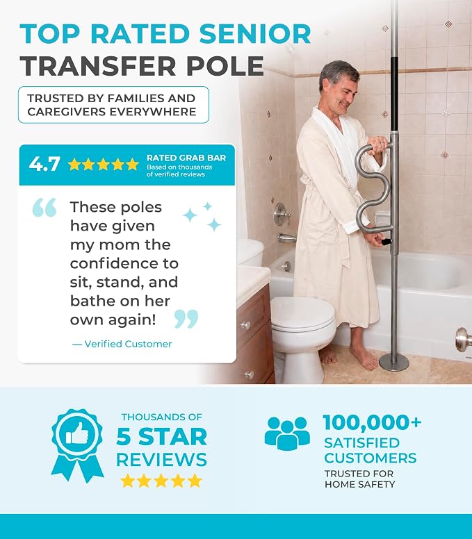 Stander Wonder Pole Plus with Rotating Double Grab Bar, Tension Mounted Security Pole for Seniors & Elderly Adults, No-Drill Floor to Ceiling Transfer Pole for Home & Bath Safety, Graphite