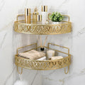 Gold Corner Shower Caddy - 2 Tier No Drilling Adhesive Shower Shelves, Gold Bathroom Shower Organizer with 4 Hooks, Wall Mounted Shower Rack for Inside Shower, Decorative Shower Corner Shelf