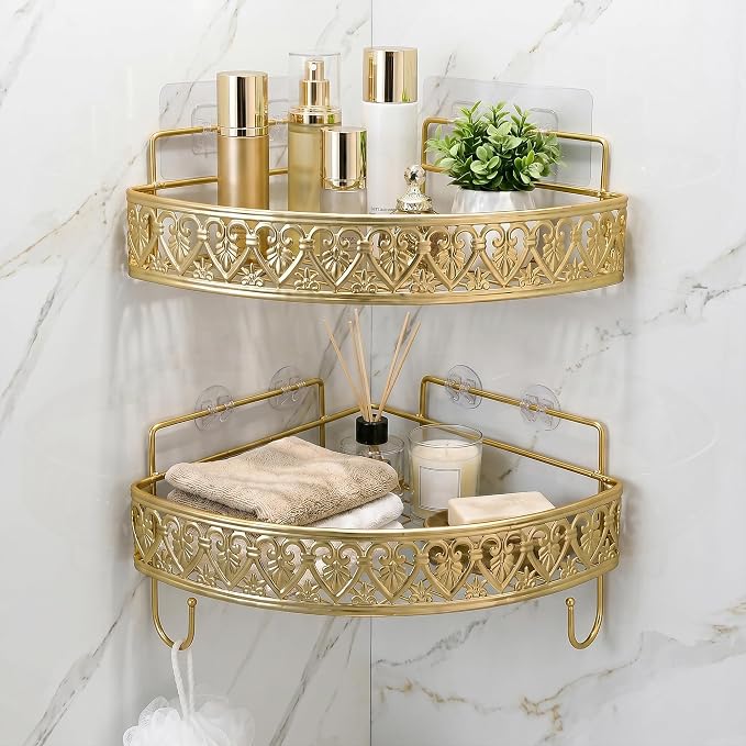 Gold Corner Shower Caddy - 2 Tier No Drilling Adhesive Shower Shelves, Gold Bathroom Shower Organizer with 4 Hooks, Wall Mounted Shower Rack for Inside Shower, Decorative Shower Corner Shelf