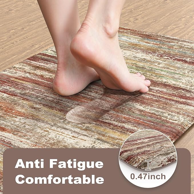 KIMODE Anti Fatigue Kitchen Mats for Floor 2 Piece, Red Brown Farmhouse Kitchen Rugs Non Slip, Ergonomic Cushioned Standing Mat for Office Sink Laundry Desk 17"x47"+17"x29"