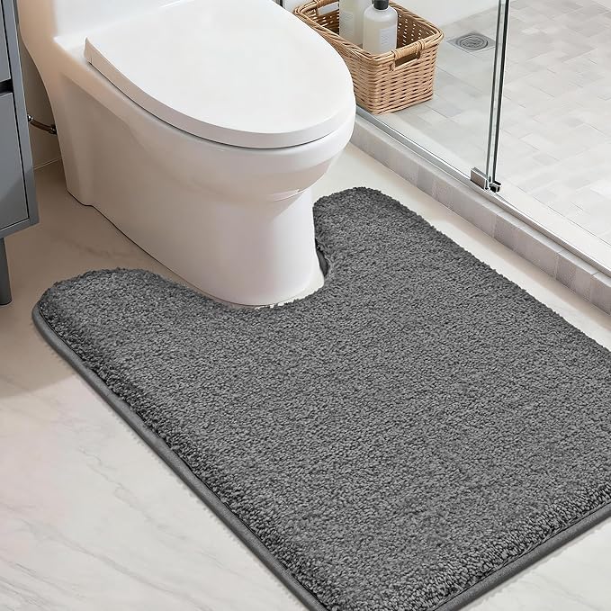 COSY HOMEER Toilet Rugs U-Shaped 24"x20",Soft Absorbent Bath Mat with Non-Slip TPR Backing, Machine Washable Shaggy Bath Rug for Toilet,Dark Grey