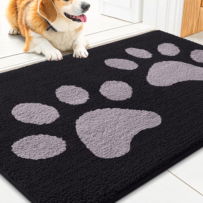 Smiry Dog Door Mat for Muddy Paws, Absorbs Moisture and Dirt, Low-Profile Entryway Mat with Non-Slip Backing, Entry Indoor Outdoor Doormat for Inside Floor (30x20 Inches, Black and Grey, Paw)