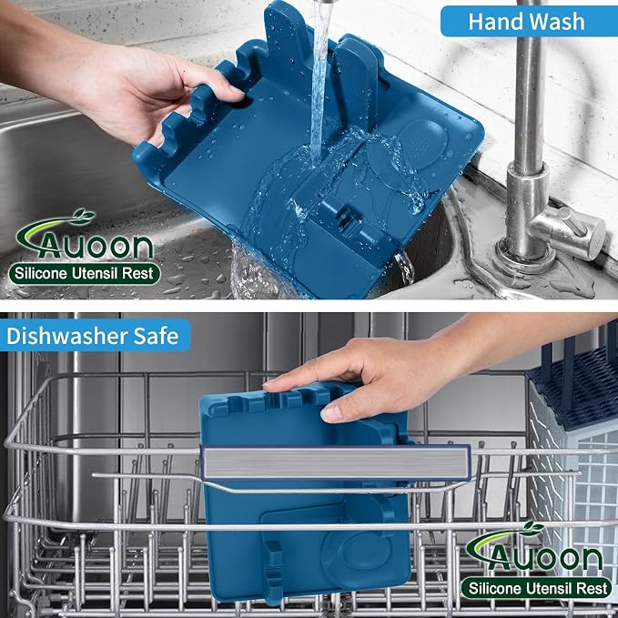 Auoon Silicone Spoon Rest with Lid Holder - 3 in 1 Kitchen Utensil Rest for Soup Ladles, Pot Lids, Spatulas, Spoons, Tongs, BPA Free & Dishwasher Safe, 8.26 x 8.06 Inch (Fog Blue, Large)