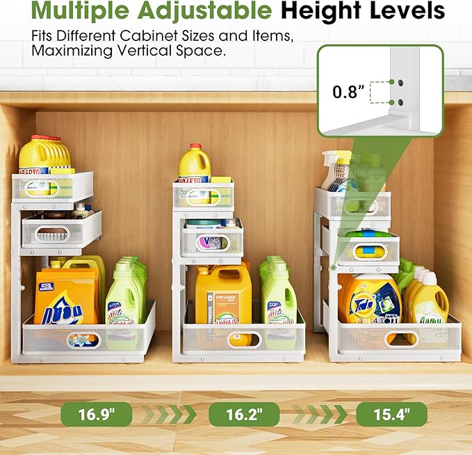Under Sink Organizer 3 Tier, 2 Pack L-Shaped Pull-Out Cabinet Organizer with Sliding Metal Mesh Drawers, Height Adjustable Under Sink Storage Rack for Kitchen Bathroom Cabinet, White