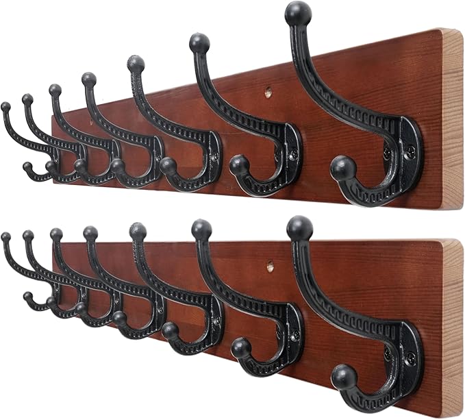 WEBI Rustic Coat Rack Wall Mount,30" Long 7 Cast Iron Coat Hooks Wall Mounted,Heavy Duty Wood Wall Coat Hanger Hooks for Hanging Coats,Jacket,Clothes,Backpack,Farmhouse,Cherry,2 Packs