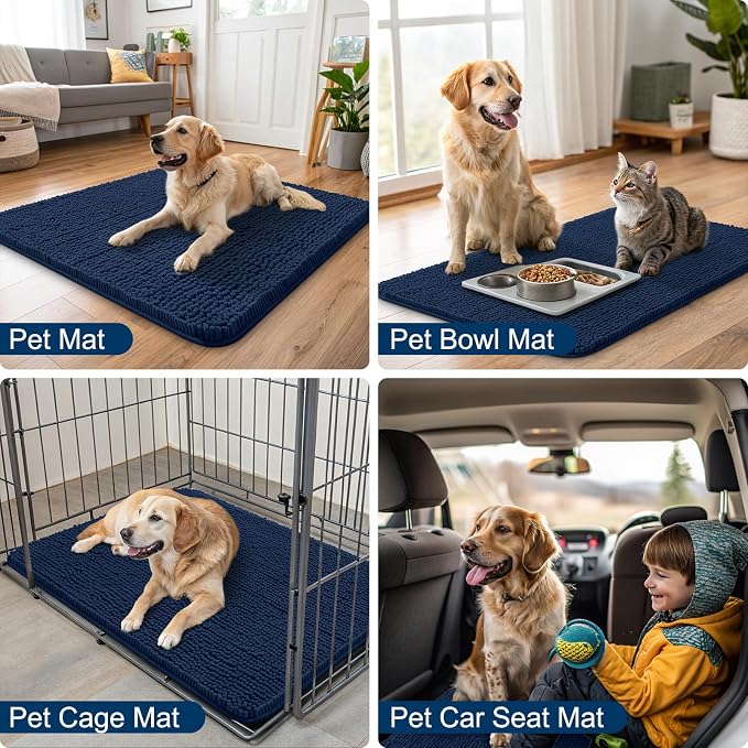 Smiry Dog Door Mat for Muddy Paws 54x24, Absorbent Dirt Trapper, Non-Slip Washable Chenille Entryway Rug for Inside Floor, Dark Blue, Classic Solid