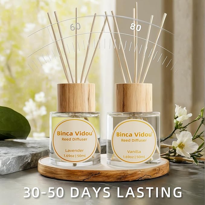 Reed Diffuser Set, Binca Vidou Lavender & Vanilla Natural Scent Oil Diffusers with Sticks for Home Office Bathroom Aromatherapy Decor 1.69oz x 2