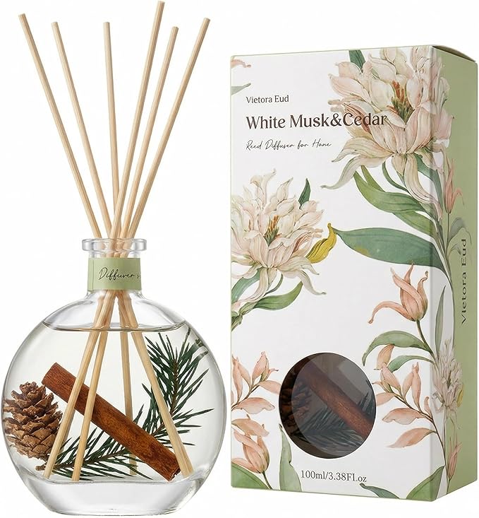 Cedar Wood & White Musk Essential Oil Reed Diffuser for Home&Office, Luxury Hotel Collection Diffuser Oil Inspired by Ritz Carlton, Bathroom,Bedroom&Living Room Shelf Decor,Non-Toxic & Gift Ready
