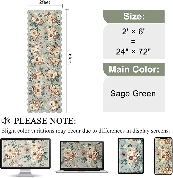 DUKINO 4x6 Area Rug, Floral Non-Slip Indoor Washable Rug with Low Pile & Non-Shedding, Lightwight Boho Design Carpet for Entryway, Bedroom, Kids Room, Living Room, Kitchen, Sage Green