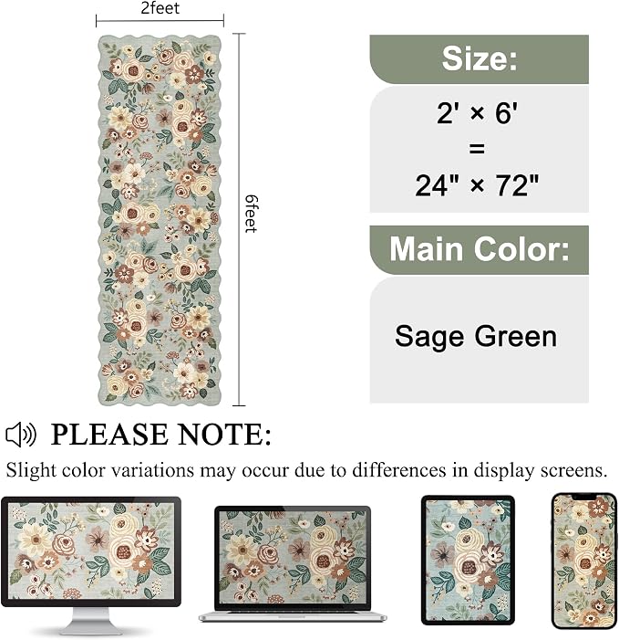 DUKINO 2x6 Runner Rug for Hallway, Washable Kitchen Rug with Non Slip Backing & Non-Shediing, Soft Low Pile Floral Design Runner for Bedroom, Kithchen, Living Room, Laundry, Bathroom, Sage Green