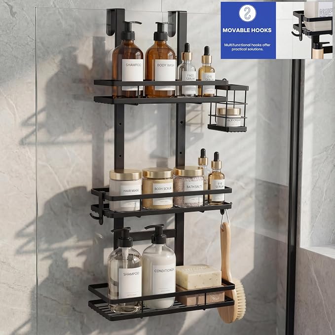 Over the Door Shower Caddy Hanging, Rustproof Shower Shelves with Waterproof Phone Pouch, 3-Tier Adjustable Bathroom Organizers and Storage, No Drilling Shower Shelf, Black Shampoo Soap Holder