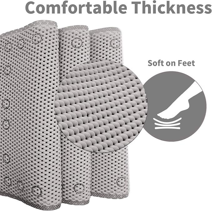 Shower and Bath Mat,Non-Slip Machine Washable and Extra Large Bathtub Mats with Drain Holes and Suction Cups Soft Foam Tub Mats-36” X 17”,Grey