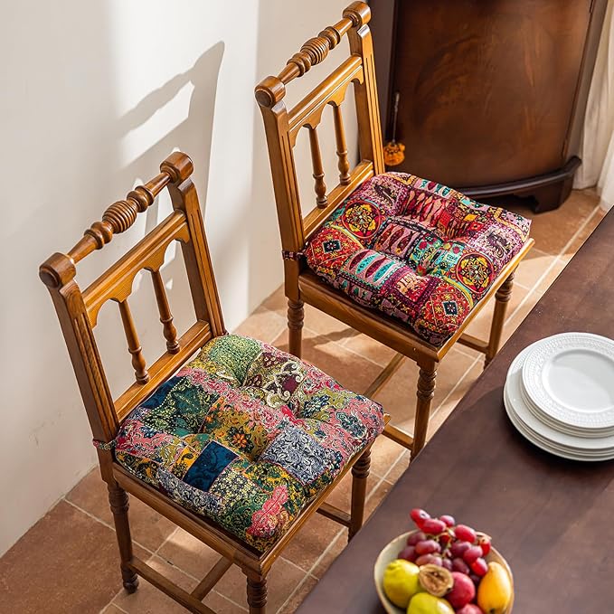 vctops Boho Chair Cushions with Ties Patchwork U-Shaped Soft Cozy Cotton Linen Chair Pads Non Slip Seat Cushions for Indoor Dining Room and Kitchen Chairs (Tan,18"x18")