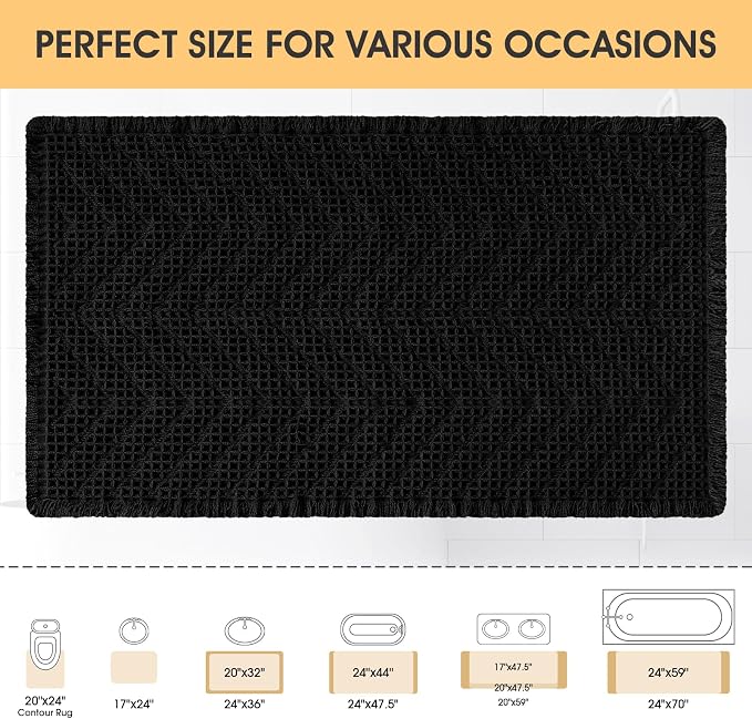 Upgrade Waffle Bath Mat, Boho Bathroom Rugs Absorbent Non Slip, Ultra Soft Bathroom Mat, Machine Washable Knit Bath Rugs with Herringbones for Bathroom,Bedroom, Kitchen, Shower, Tub,36"x24", Black