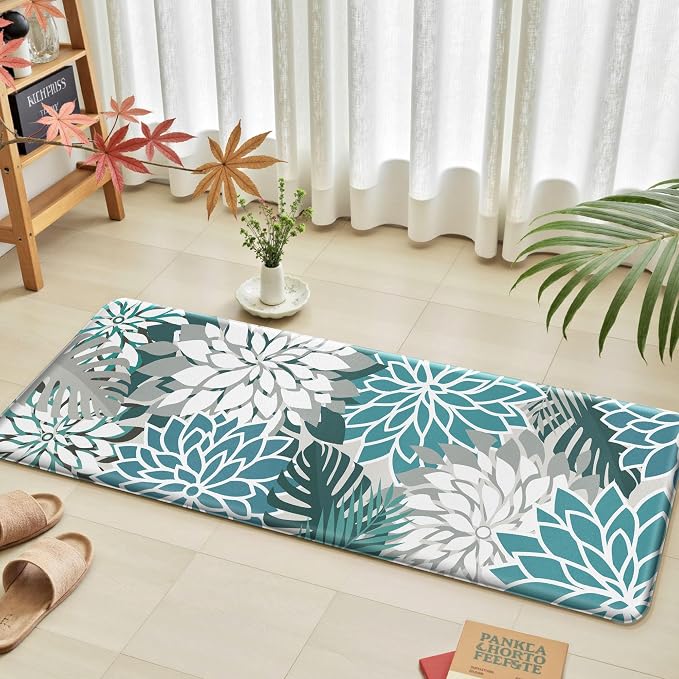 Arenarug Kitchen Mats for Floor 2PCS Cushioned Anti Fatigue Kitchen Mats Waterproof Non Slip Kitchen Mat Rug Set Comfort Foam Standing Mat for Sink, Laundry, Office,17.3" x 28" + 17.3" x 59", Teal