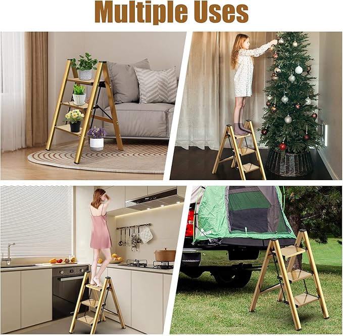 hismocal Foldable 3 Step Stool Ladder for Closet/Kitchen - Aluminium Gold Step Ladder, 330lbs Lightweight with Anti-Slip Wide Pedal, Portable for Kids/Adults