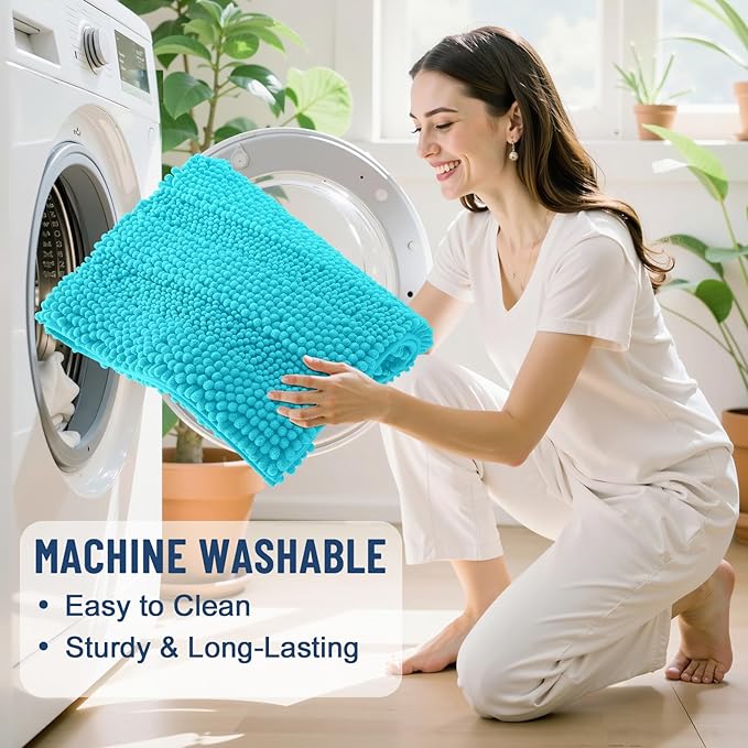 Grandaily Chenille Striped Bathroom Rugs 36x24, Extra Thick and Soft Absorbent Bath Mats, Rubber Backing, Plush Shaggy Shower Carpet, Machine Wash Dry, Bath Rug for Bathroom, Aqua Sky