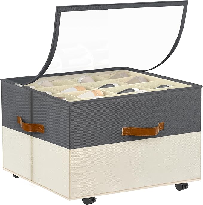 Shoe Organizer for Closet, Shoe Storage Organizer with Wheels and Adjustable Divider, Stackable Shoe Storage Box with Clear Cover, Foldable Closet Shoe Organizer Fits up to 16-32 Pairs, Gray and Beige