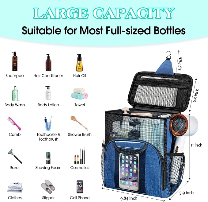Attmu Mesh Shower Caddy Portable Dorm Tote Bag, Quick Dry Hanging Toiletry Bag, Large Capacity Shower Bag for College Dorm Room Essentials for Boys and Girls for Bath Camping (Blue)