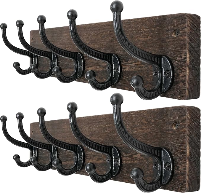 WEBI Rustic Coat Rack Wall Mount,5 Cast Iron Coat Hooks Wall Mounted,Heavy Duty Wood Wall Coat Hanger Hooks for Hanging Coats,Jacket,Clothes,Backpack,Farmhouse,Weathered Brown,2 Packs