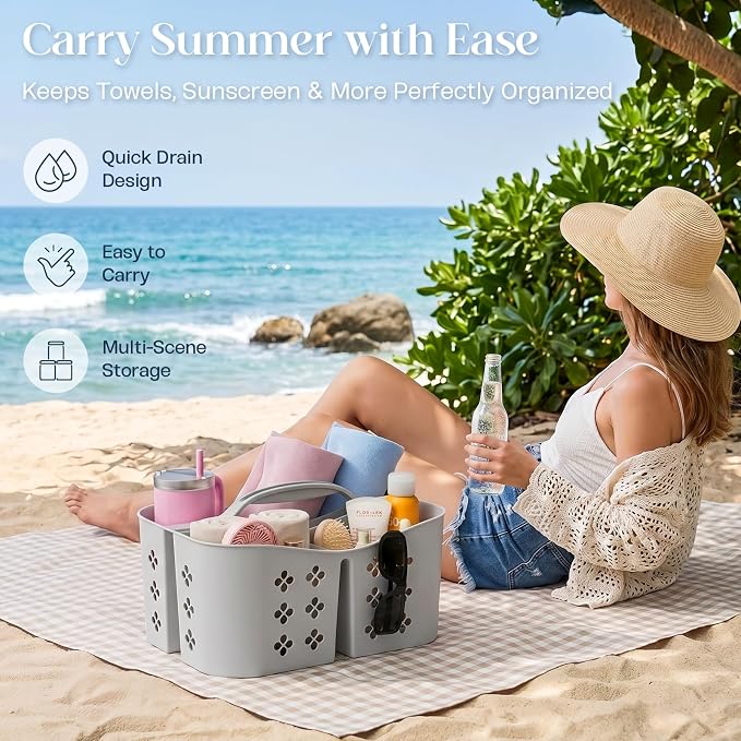 Portable Shower Caddy with Handle, Large Capacity Shower Basket Organizer, Quick-Drain Bathroom Storage Tote, Durable Plastic Shower Organizer for College Dorm, Beach, Gym, Travel Essentials, Grey