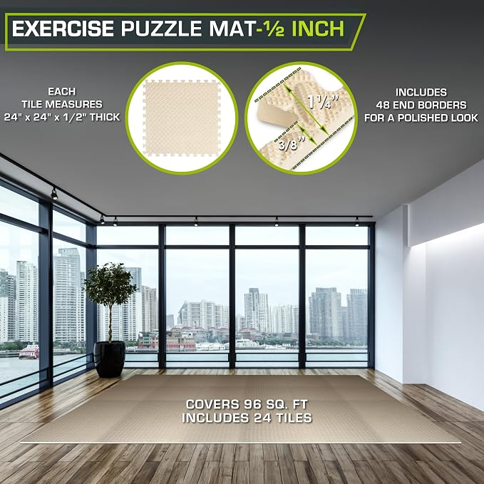 ProsourceFit Exercise Puzzle Mat 1/2-inch, EVA Interlocking Foam Floor Tiles for Home Gym, Workout Equipment, Kids Play Areas, Beige, 96 Sq Ft - 24 Tiles