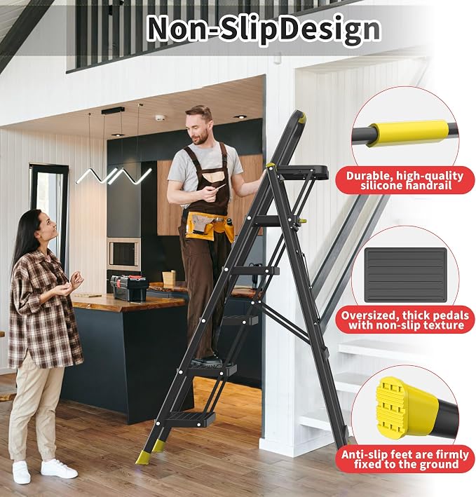 5 Step Foldable Step Ladder with Mutifunctional Tool Tray, Platform Ladders Stepstools, Step Stool 5 Step Folding with Non-Slip Pedals, 800lbs Bearing Capacity for Adults, Home, Kitchen, Black Yellow