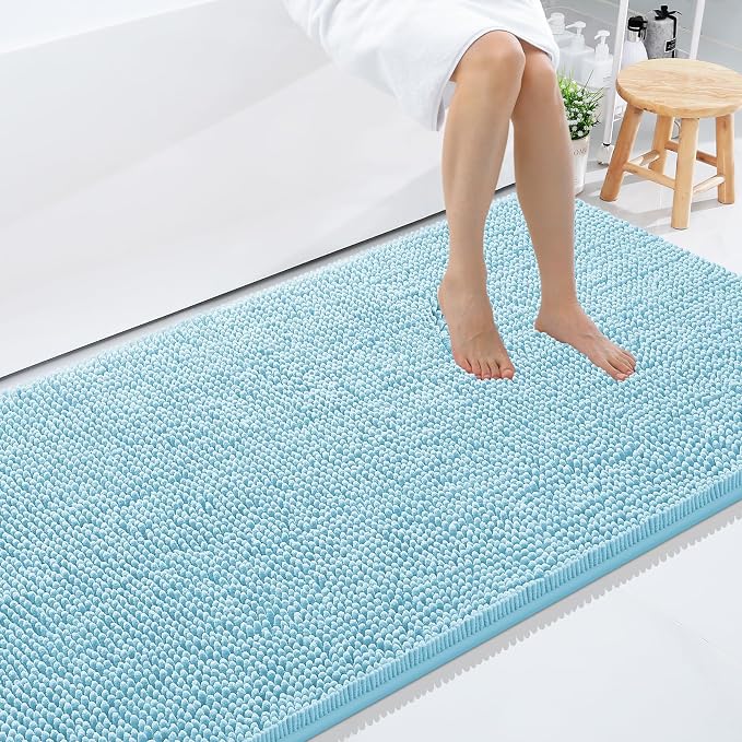 Smiry Luxury Chenille Bathroom Rugs 59x35, Extra Soft and Absorbent Shaggy Bath Mat, Machine Washable, Non-Slip Plush Carpet Runner for Tub, Shower, and Floor, Home Decor Accessories, Sky Blue