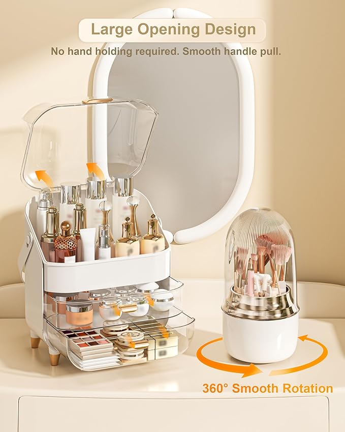 Makeup Organizer Countertop, Skincare Holder Bathroom Counter Organizer, Storage Box Cosmetic Display Cases, Teen Girl Gifts Make up Organizers (White/Brush)